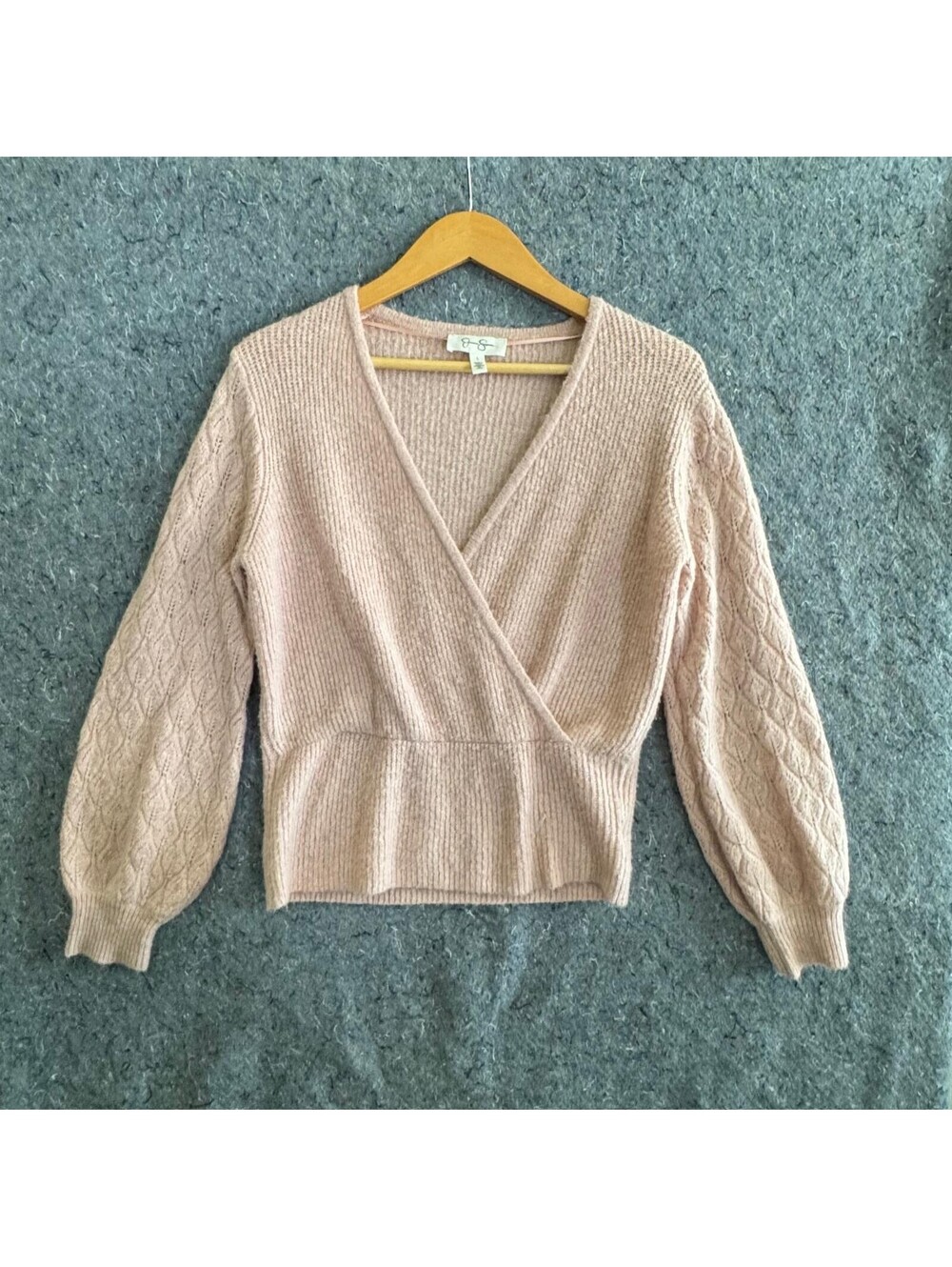 Jessica Simpson L Pink Faux Wrap Sweater Balloon Sleeve Pointelle Knit Metallic